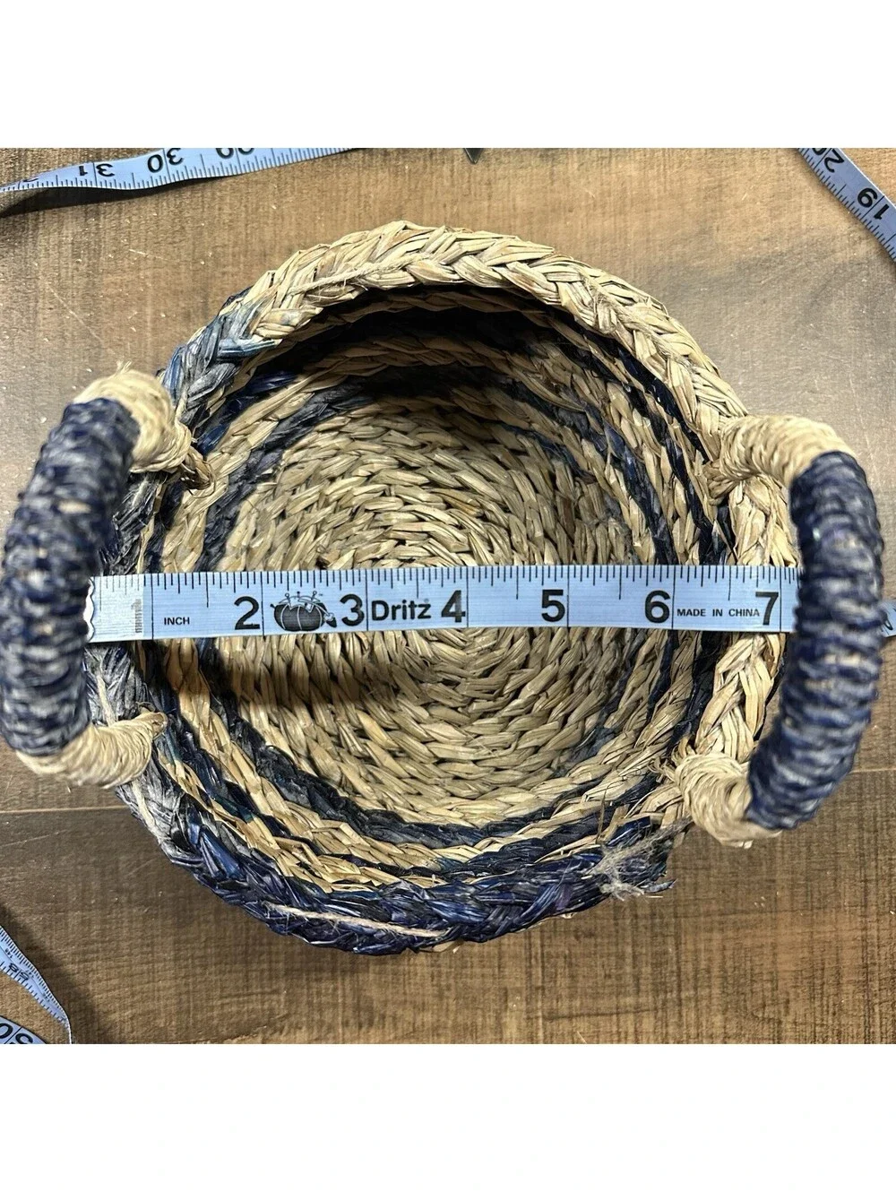 Vintage Handwoven Straw Basket with Blue Accents